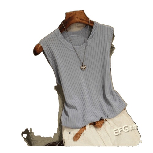 Plus-size ice silk crew-neck camisole for women, summer, Korean-style versatile sleeveless innerwear, knitted base layer, outerwear top