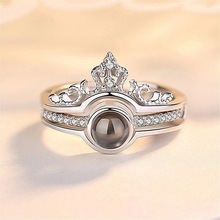欧美跨境一百种语言我爱你皇冠戒指照片定 制二合一男女情侣戒指