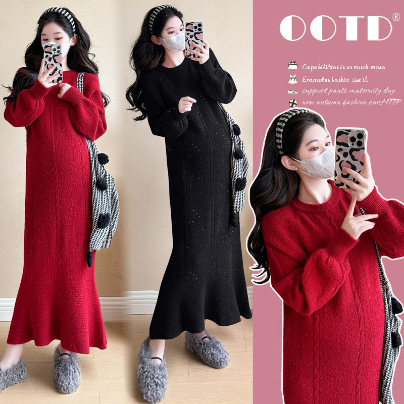 Maternity 2024 Autumn and Winter Christmas New Year Red Thickened Elegant Slimming Knitted Sweater Dress for Pregnant Women Fishtail Skirt
