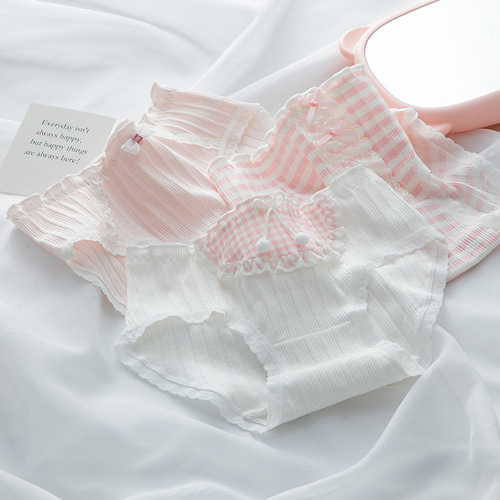 Pink Lolita-style Cute Women's Panties, Sweet & Girly Cotton-Blend Mid-Rise Briefs—Wholesale