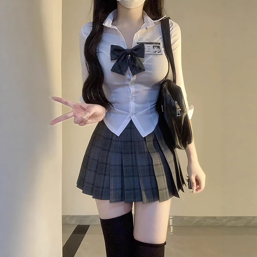 Original Jk Uniform Slimming Tie V-Neck Waist-Cinching Shirt for Women, Pure Desire Authentic College Style Slim Versatile Top