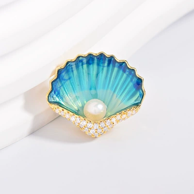 New Enamel Color Shell Brooch Elegant All-match Micro-inlaid Zirconium Freshwater Pearl Traceless Magnetic Buckle Corsage Accessories (Yaxa sancaqları) - light-blue-xr12962