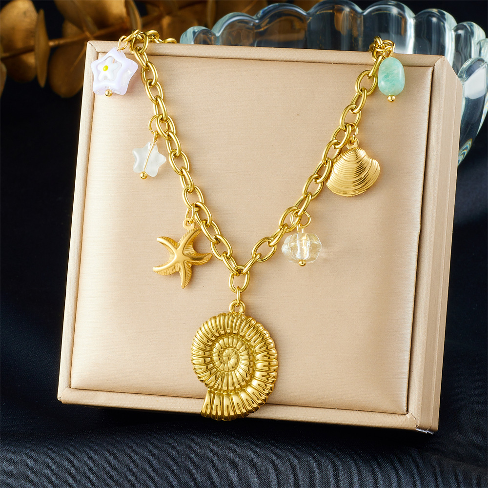Cartoon Sea Life Gold Plated Conch Scallop Starfish charm stainless steel necklace