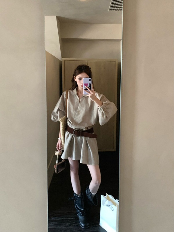2025新款宽松慵懒蝙蝠袖短款V领工装衬衫连衣裙女气质收腰A字短裙|undefined