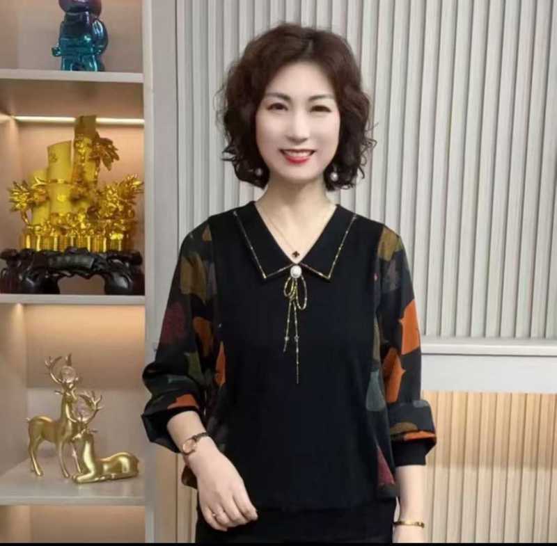 洋气妈妈衫秋装上衣薄款长袖T恤女40岁中老年秋季拼接小衫烫钻|undefined