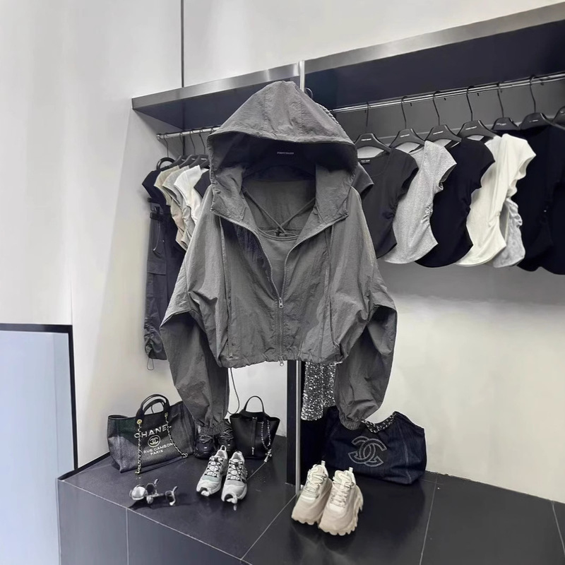 Thin Women's Jacket 2025 Summer Short Jacket Loose Breathable Drawstring Hooded Sun Protection Clothing Uv Protection