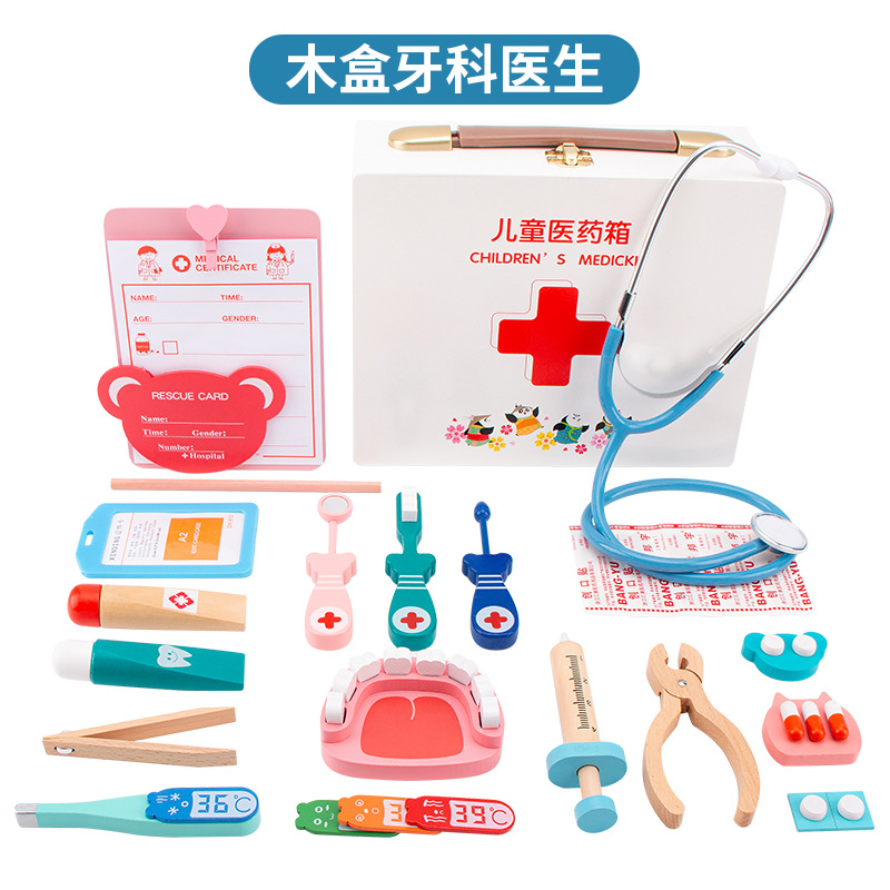 Productos de madera doctor niños juguetes de simulación jugar casa doctor enfermera inyección caja de madera almacenamiento caja de la medicina hombres y mujeres