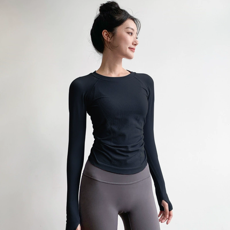 Костюм для йоги топ женский осенний и зимний круглый воротник с высокой эластичкой, тонкая спортивная одежда с длинными рукавами
