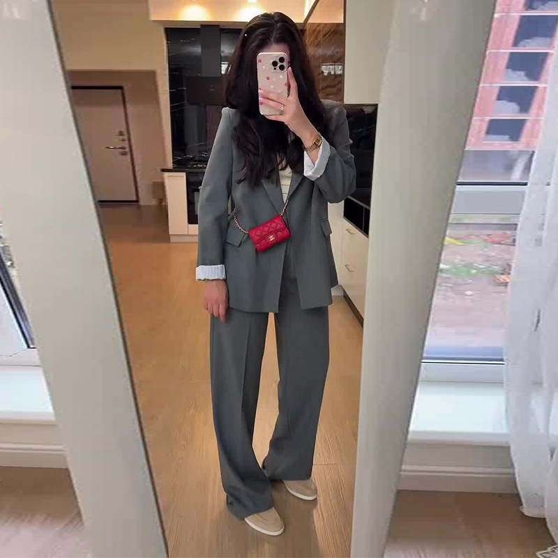 2025秋季新款欧美亚马逊跨境外贸女装长袖灰色西服直筒裤时尚套装