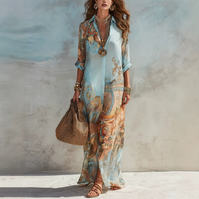 2026 Cross-Border European and American Summer New Style Lapel Beach Vacation Style Retro Art Print Cardigan Long Dress