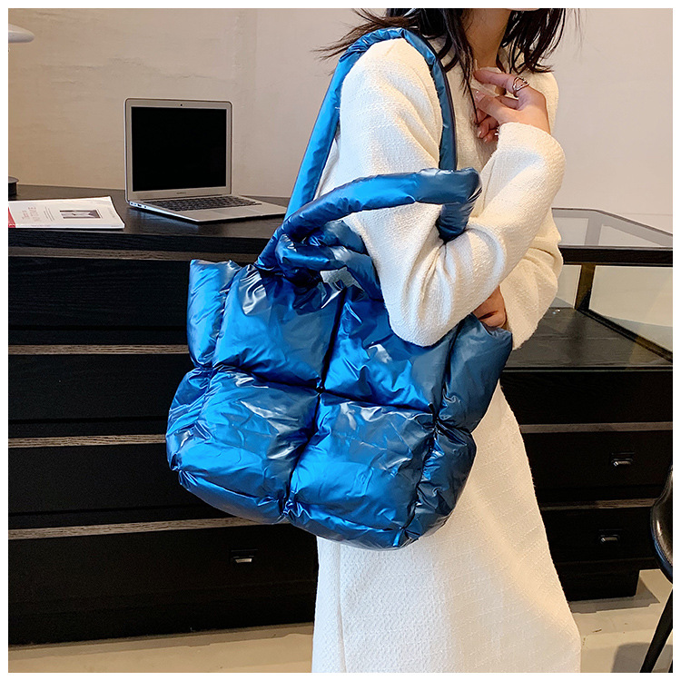 Down Bag Women Fashion Large Capacity Tote Bag High grade Shiny Handbag Simple Checkered Cotton Bag Shoulder Bag_voghion.com