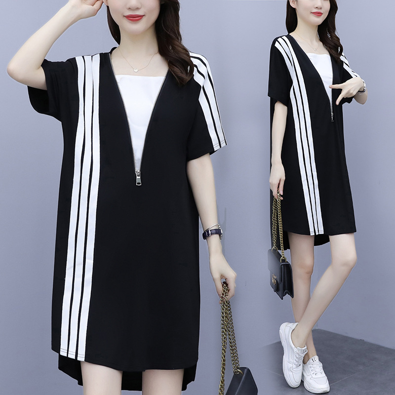 實拍現貨大碼天絲羅馬裙女2021夏裝遮胯裙子顯瘦胖mm假兩件連衣裙