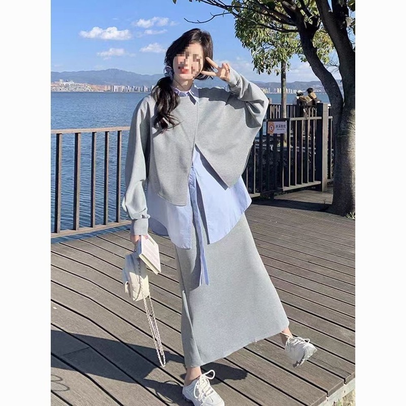 学院风套装显瘦穿搭女春季2025新款灰色卫衣衬衫半身裙直筒三件套|undefined