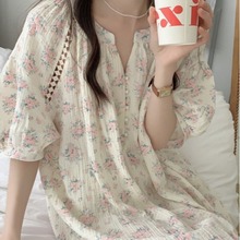 韩国ins女士夏季新品双层纱布女士睡衣短袖套头V领家居服镂空睡裙