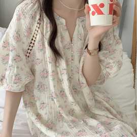 韩国ins女士夏季新品双层纱布女士睡衣短袖套头V领家居服镂空睡裙