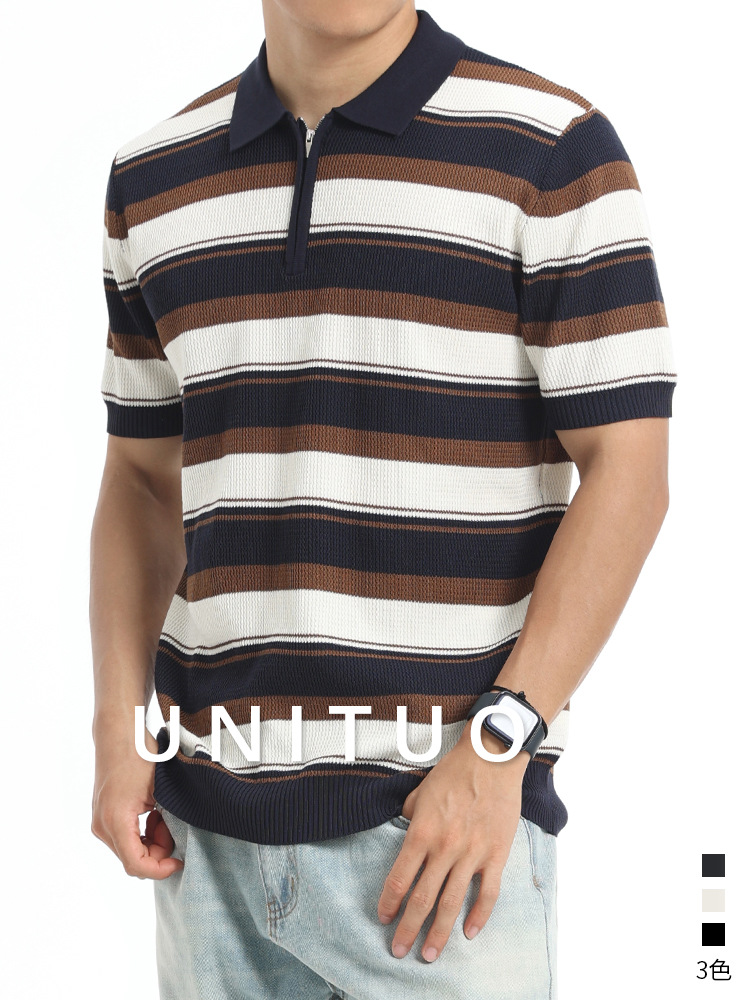 Cross-border 2026 verano hombre rayas hielo tejedido polo medio cremallera solapa camiseta de negocios de manga corta camiseta casual