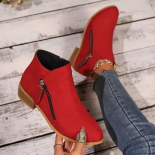 Women's Mid Heel Ankle Boots With Side Zipper Pointed Toe_voghion.com