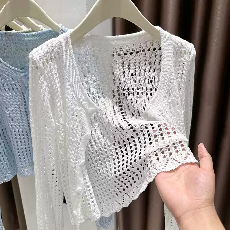 女性用日焼け止めカーディガン、薄い中空ニットショートブラウス、小さなショール、サマーサスペンダースカートジャケット|undefined