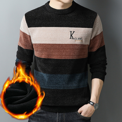 Winter Men's Round Neck Snow Nylon Cardigan with Fleece and Thick Warm Innerwear Casual Men's Knit Sweater Men's Base Layer Sweater