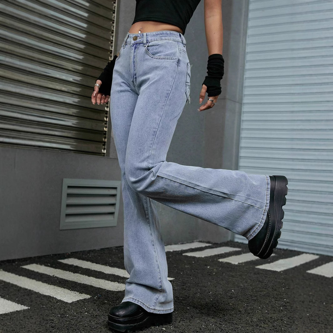 Women's Clothing High Waisted Denim Jeans, Autumn Style, New Style, Stretchy, Slim Fit, Slightly Flared, Floor Length Trousers, Trendy._ecoleips.com