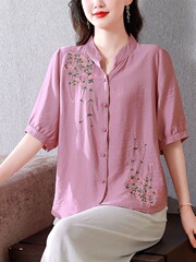 ファッション刺繍半袖綿麻上着女性夏の新型ゆるい痩せたシャツがお腹を覆うお母さん綿麻シャツ