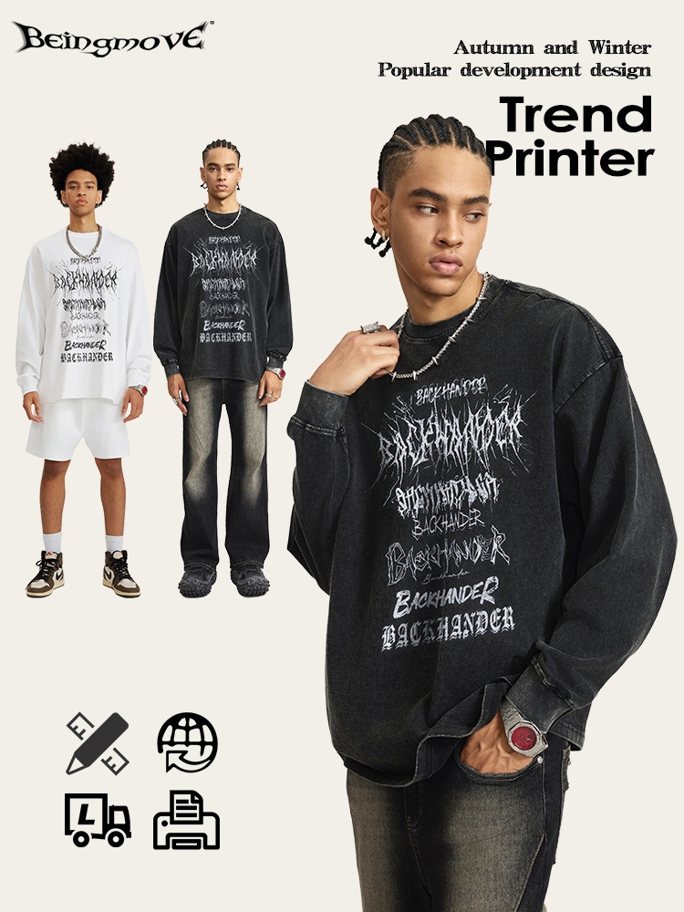 2025 otoño marcas de moda europeas y estadounidenses nicho de calle comprador tiendas sueltas vibe lavado con agua de alta calidad camiseta de manga larga moda masculina