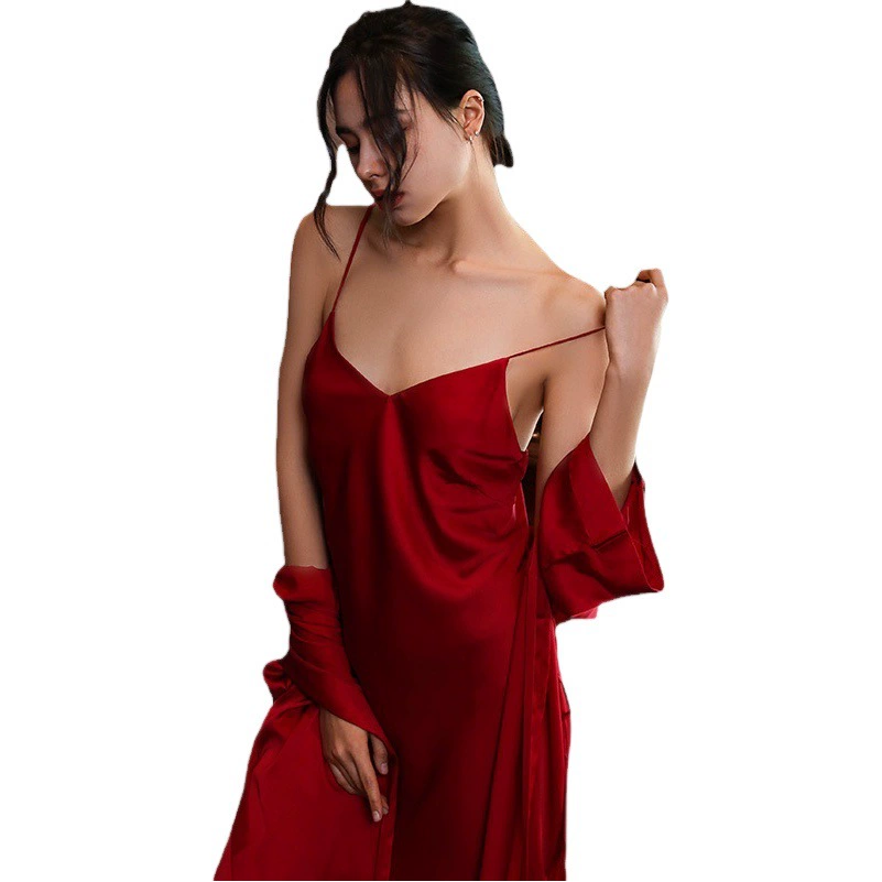 Летняя женская пижама из ледяного шелка, комплект из двух предметов, женское тонкое атласное кимоно, ночная рубашка, сексуальное утреннее платье, халат на шнуровке