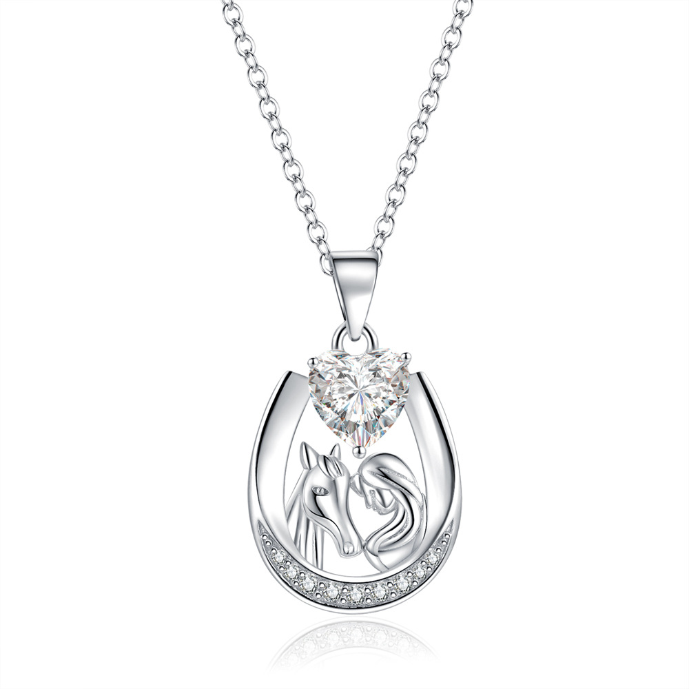 Horseshoe Heart Necklace With Diamond Embellishments Silver_voghion.com