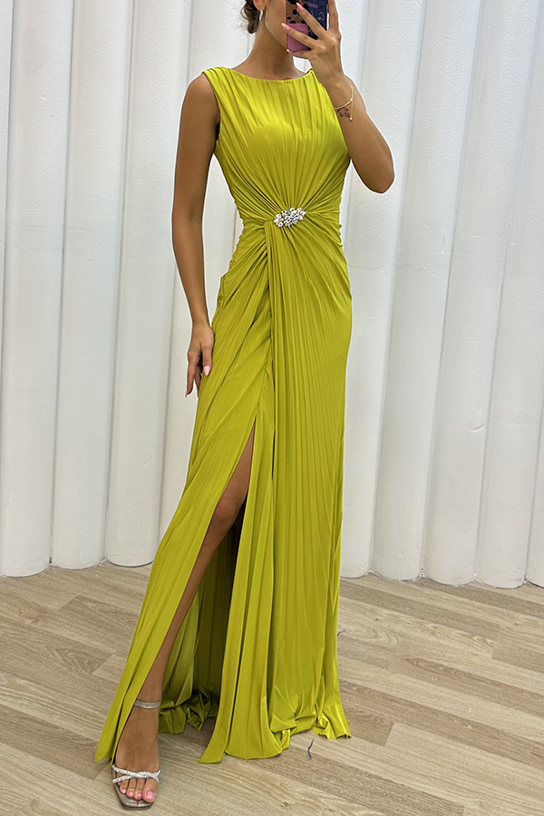 Women's Party Dress Classic Style Round Neck Slit Pleated Sleeveless Solid Color Maxi Long Dress Party Cocktail Party display picture 3