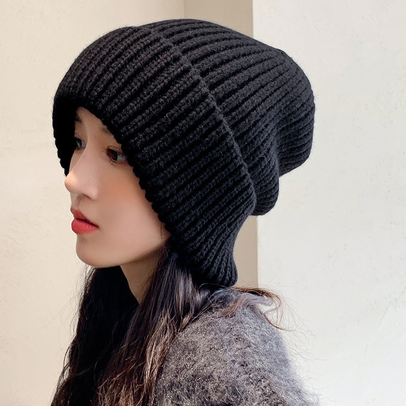 秋冬の女性用大きな頭囲の包頭帽子、おしゃれで暖かいパイル帽子、ニットの厚手のウール帽子、耳保護防寒帽子|undefined