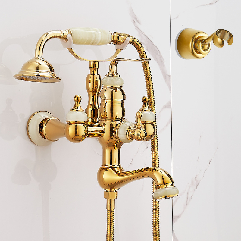European style golden bathtub hot and cold faucet retro bathroom simple triple shower shower all copper Jade faucet