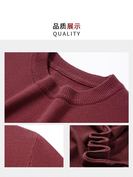 Demi-season solid thin knitted sweater with a round collar