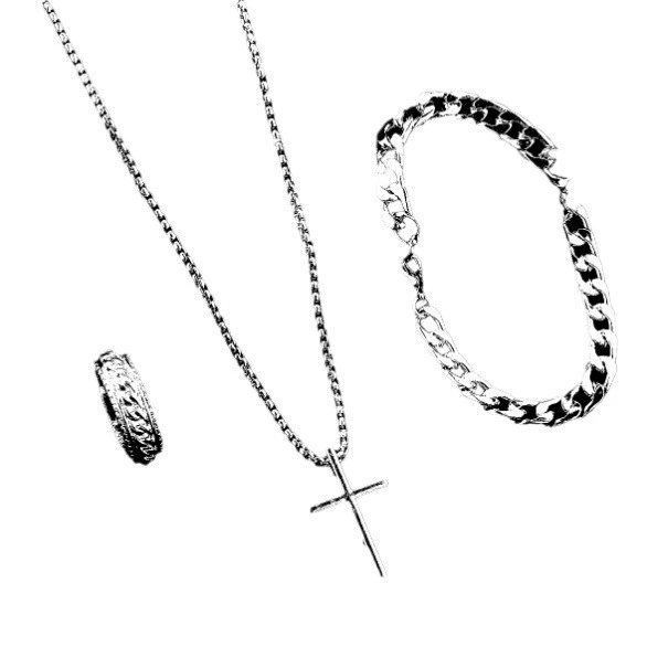 Комплект ювелирных изделий Cross, унисекс, ожерелье из титаново-стального сплава 60 см, браслет 22 см, кольцо Ø 2 см