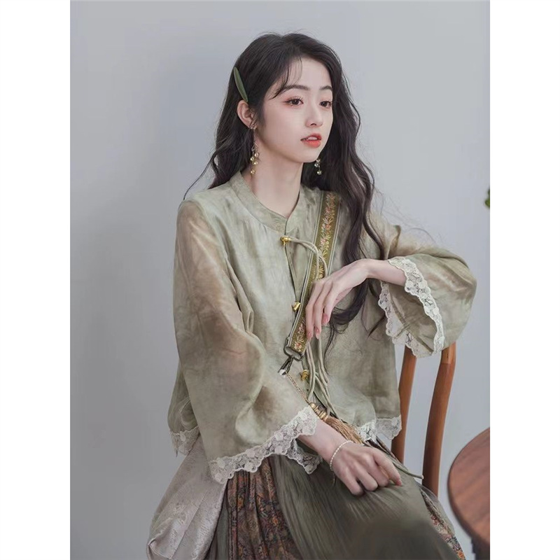 【两件套】唐装新中式复古风扎染蕾丝上衣+少女民族风半身裙套装