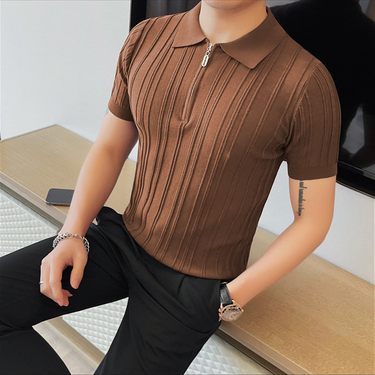 Polo camiseta de punto camiseta de manga corta hombre solapa media cremallera rayas viejas camisetas de hielo de viento de verano fábrica transfronteriza al por mayor
