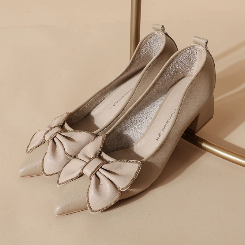 5999-3 ню кожа коренастый каблук высокие каблуки женщин сладкий лук средний каблук мягкие кожаные туфли 5 см французский темперамент