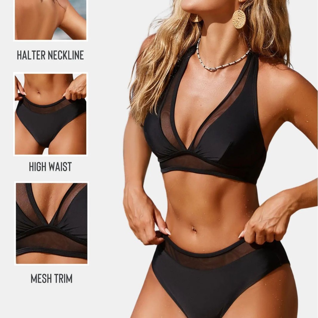 Qianmo 2025 New Style High-Waisted Halter Neck Bikini Set Mesh Patchwork Slimming Solid Color Two-Piece Swimsuit for Women_voghion.com