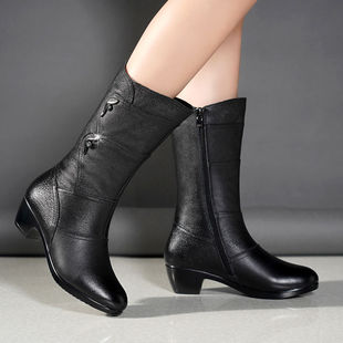 Wedge Women's Boots Middle Boots Low Heel Martin Short Boots Single Boots Flat Large Size Fleece-lined Mid Boots Soft Leather Mother Boots Autumn