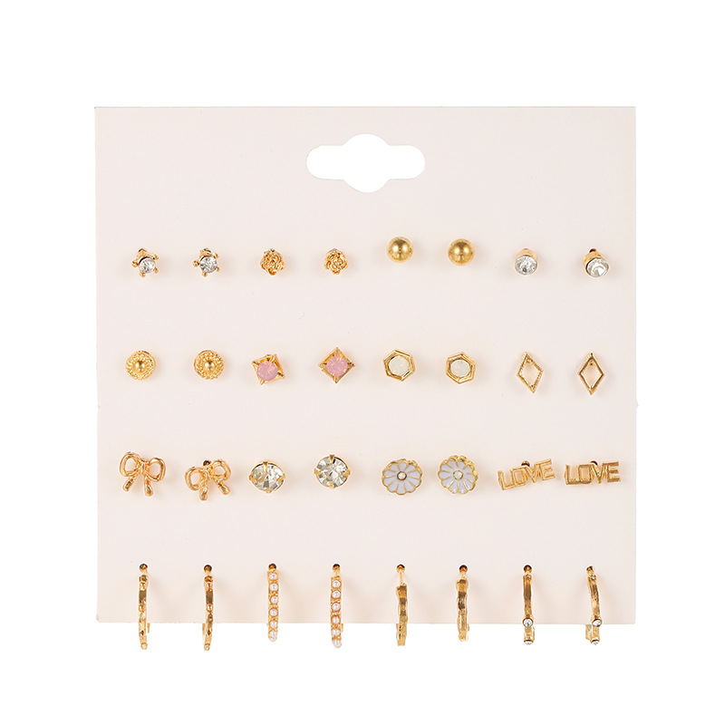 Korean Fashion Pearl Rhinestone Earrings Small Daisy Love Star Geometric Earrings Set Wholesale display picture 5