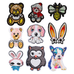 漫画動物スパンコール刺繍布ステッカーテディベアペット犬ウサギコンピュータ刺繍タオル衣類パッチ在庫あり