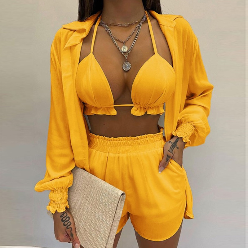 385g Weight Nine Points Sleeve Sleeve Length Polyester Fabric Type Pant Co-ord Set Sets Type 3 Pieces Set Quantity Holiday, Beach Occasion Halter Neck Neckline Regular Fit Fit Type Gradient Color, Tropical, Solid Color Pattern Summer Season Women's Gender Printing Design Vacation Style Holiday Beach Women's Vacation Gradient Color Tropical Solid Color Polyester Printing Pant Co-ord Set Shorts Sets 5