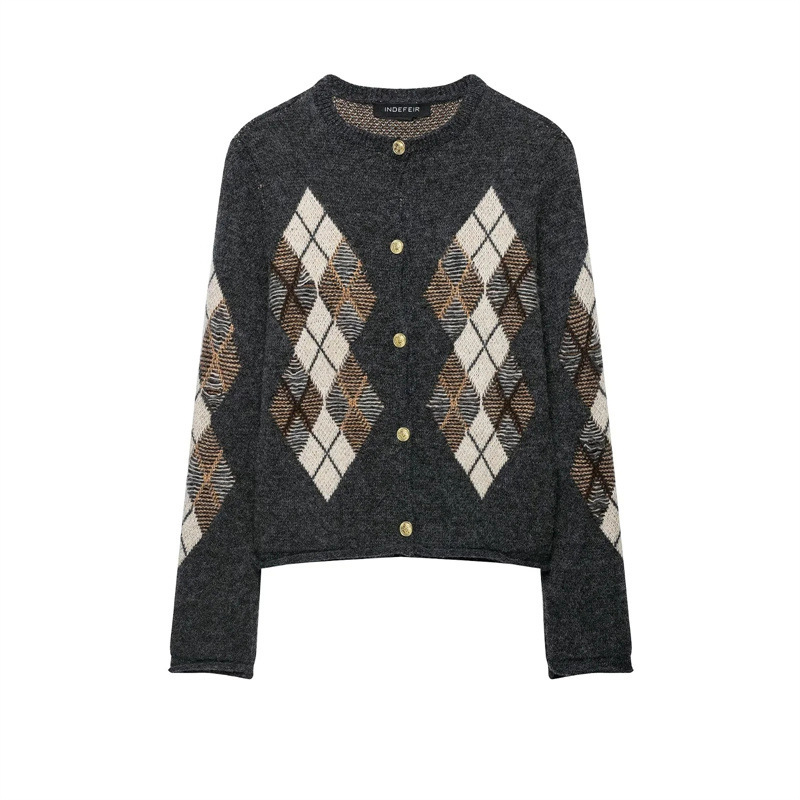 Retro diamond-patterned knit cardigan, new autumn/winter style, versatile, loose-fitting, slimming, round neckline, single-breasted, casual sweater cardigan