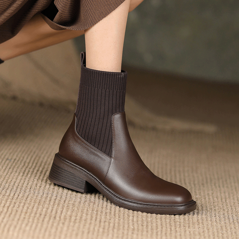 British Style Vintage Brown Chelsea Boots Martin Boots Flat Stretch Socks Boots Round Toe Thick Heel Short Boots Thin Boots Women