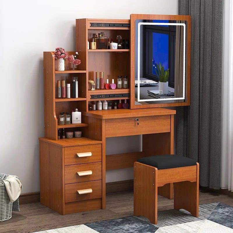 Tocador para apartamentos pequeños, montaje moderno y sencillo, espejo deslizante para dormitorio de princesa, mesa de maquillaje con panel de almacenamiento creativo.