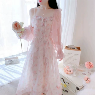 感甜美雪纺碎花长裙2026新款法式粉色吊带连衣裙两件套装女夏