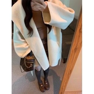 Pphome Elegant Waist-Cinching Hooded Woolen Outwear for Women Winter Thickeneded French Design Woolen Outwear