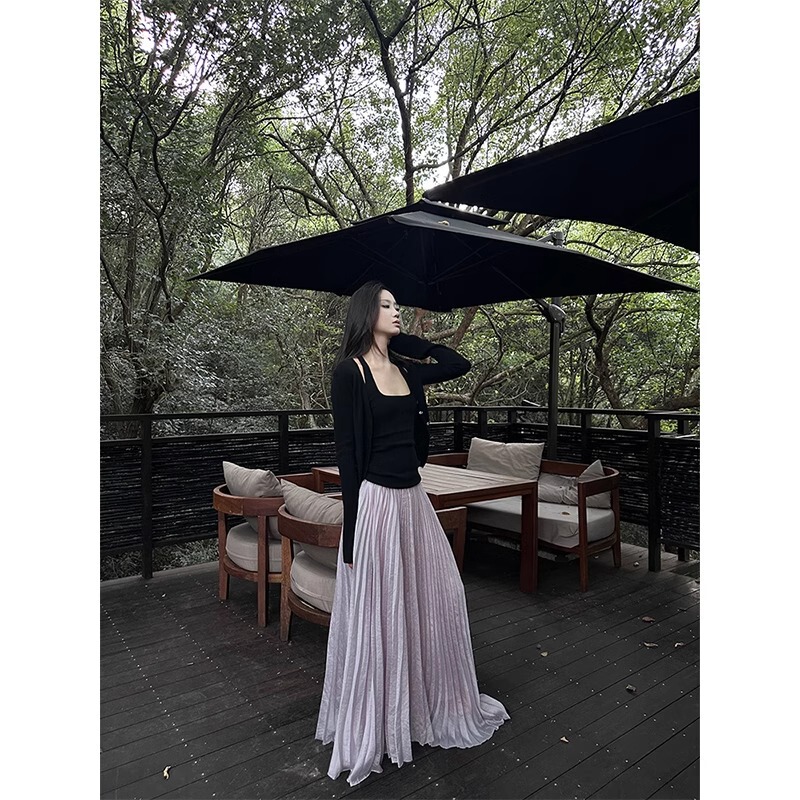 2026 New Style Long Skirt for Women, Spring Loose Textured Pleated Skirt, Crepe Shimmering Gauze Double-Layer Purple Skirt