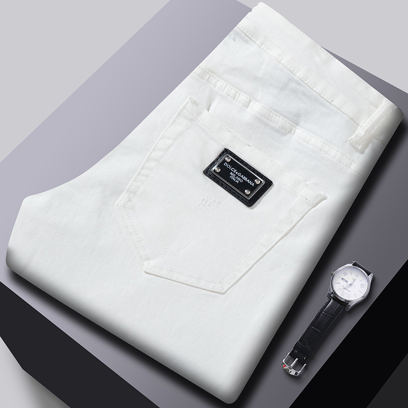 春季新款牛仔裤男 潮流修身小脚弹力休闲黑白色1:1破洞裤跨境欧货