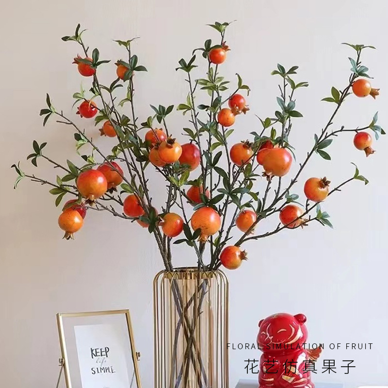 2025 flor artificial, decoración de fruta de granada, mesa de sala de estar, porche, fruta de caqui, flor falsa, rama de fruta dorada, arreglo floral