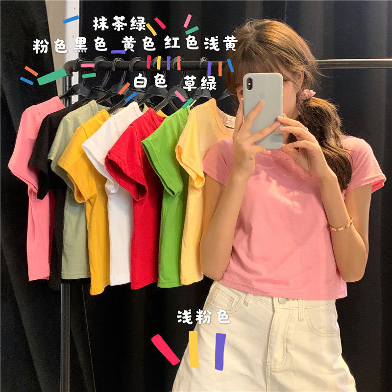 Top corto de manga corta a la moda, color caramelo, cintura alta, color sólido, conjunto de mejores amigas, camiseta de verano para estudiantes, para mujer, 2025